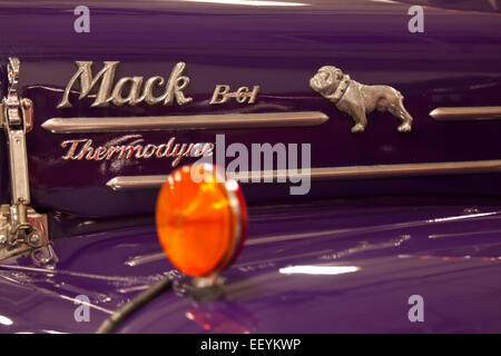 Closeup of a purple antique Mack Thermodyne truck with logo Stock Photo