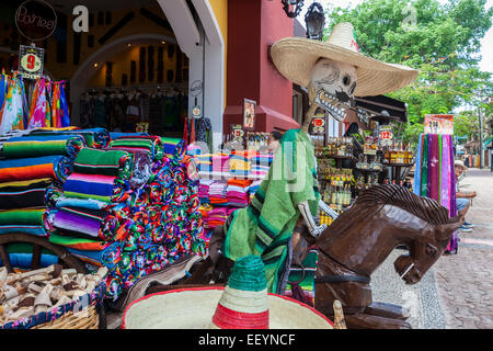 Catrina Skeleton Riding a Horse, Entrance to a Souvenir Store.  Playa del Carmen, Yucatan, Mexico. Stock Photo