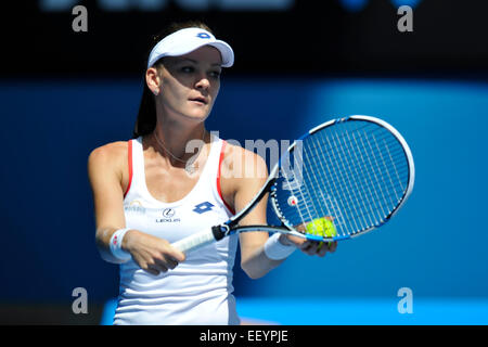 Melbourne, Australia. 24th January, 2015. Australian Open Tennis from Melbourne Park. Agnieszka Radwanska of Poland serves in her match against Varvara Lepchenko of the USA on day six of the 2015 Australian Open at Melbourne Park, Melbourne, Australia. Credit:  Action Plus Sports Images/Alamy Live News Stock Photo