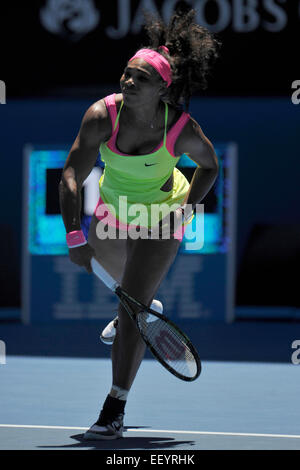 Melbourne, Australia. 24th January, 2015. Australian Open Tennis from Melbourne Park. Serena Williams of the USA returns a shot in her match against Elina Svitolina of Ukraine on day six of the 2015 Australian Open at Melbourne Park, Melbourne, Australia. Credit:  Action Plus Sports Images/Alamy Live News Stock Photo