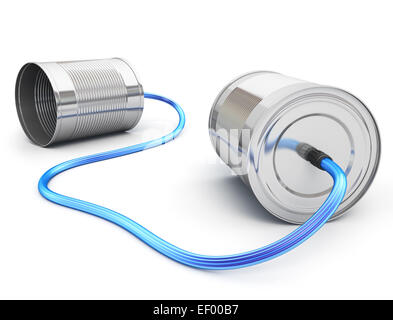 Tin can phone with fiber optic cable Stock Photo