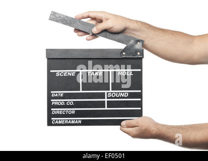 two male hands holding movie production clapper board isolated on white background Stock Photo