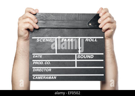 two male hands holding movie production clapper board isolated on white background Stock Photo