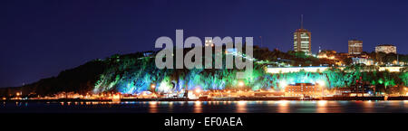 Quebec City skyline panorama at dusk over river viewed from Levis. Stock Photo