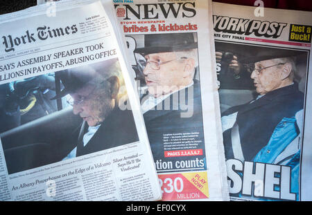 The NY Times, the NY Daily News and the NY Post on Friday, January 23, 2015 all use similar photographs on their front pages reporting on the arrest of longtime New York State Assembly Speaker Sheldon Silver on corruption charges. Silver was charged with five counts and released on $200,000 bail. All three used photos of Silver looking left although looking right material was available. (© Richard B. Levine) Stock Photo