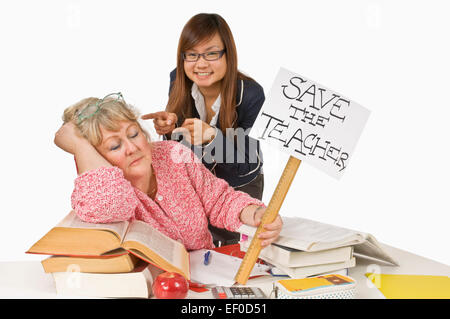 Student laughing at sleeping teacher Stock Photo