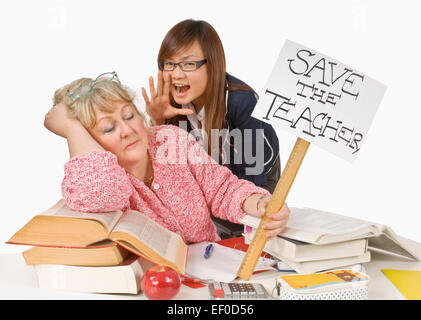 Student yelling at sleeping teacher Stock Photo