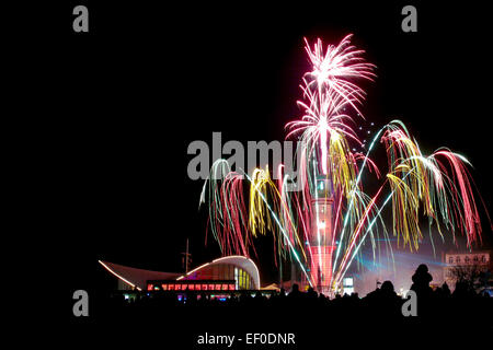 Lighthouse in flames in Warnemuende (Germany) Stock Photo
