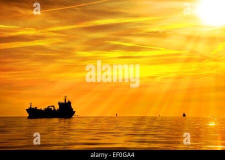 Cargo ship on sea in the rays of the setting sun. Stock Photo