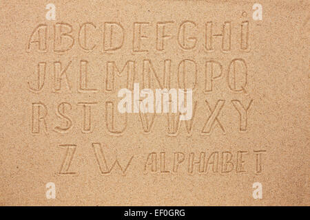 English, German, Portuguese alphabet  written on the sand, as background Stock Photo