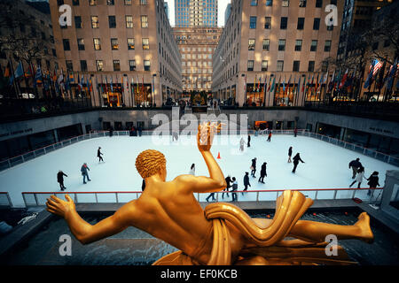 NEW YORK CITY, NY - MAR 30: Rockefeller Plaza ice rink on March 30, 2014 in New York City. Declared a National Historic Landmark in 1987, it is a complex of 19 commercial buildings Stock Photo