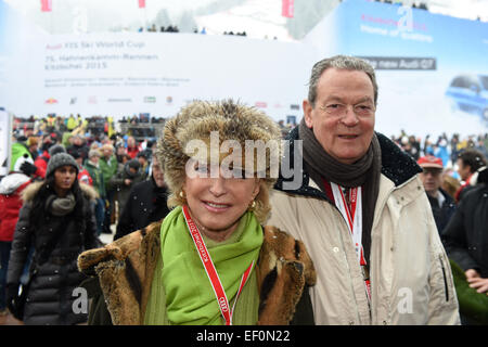 Kitzbuehl, Austria. 24th Jan, 2015. Businesswoman Maria-Elisabeth Schaeffler and her partner Juergen Thumann visit the Hahnenkamm Race in Kitzbuehl, Austria, 24 January 2015. On the occasion of the annual Hahnenkamm-Race, celebrities meet up in the renowned Skiing-Capital. PHOTO: FELIX HOERHAGER/dpa/Alamy Live News Stock Photo