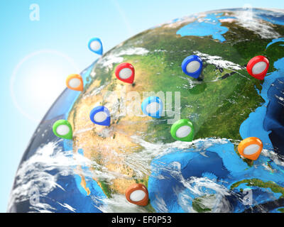 Travel destination concept. Pin on earth. Navigation in USA. 3d Stock Photo