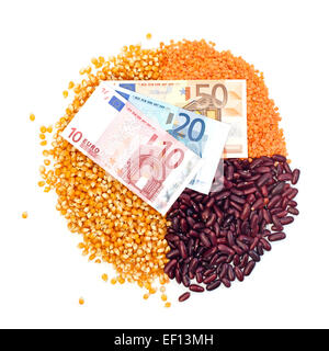 Pie chart of corn, lentils, kidney beans and euro banknotes on top isolated on white Stock Photo