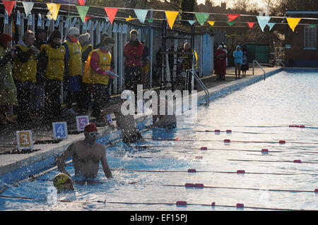 London, UK. 24th Jan, 2015. A splashing jump into the Lido before the start of a race. Credit:  Susanne Masters/Alamy Live News Stock Photo