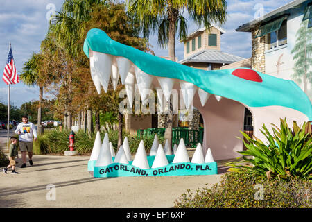 Orlando Florida,Gatorland,front,entrance,giant alligator,mouth,jaw,FL141121073 Stock Photo
