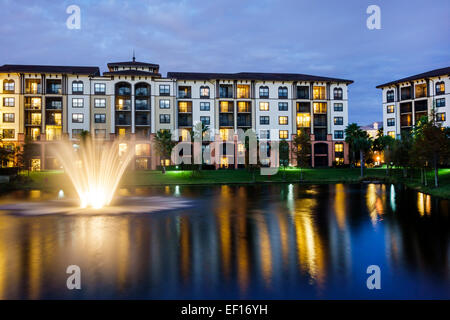 Orlando Florida,International Drive,Sheraton Vistana Villages Resort Villas,rental,hotel,fountain,man-made lake,property,evening,night,FL141121087 Stock Photo