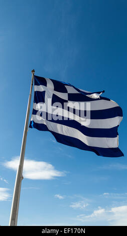 The Greek flag blowing wind on sunny day. The flags were located in Acropolis / Parthenon in Athens, Attica, Greece, Europe Stock Photo