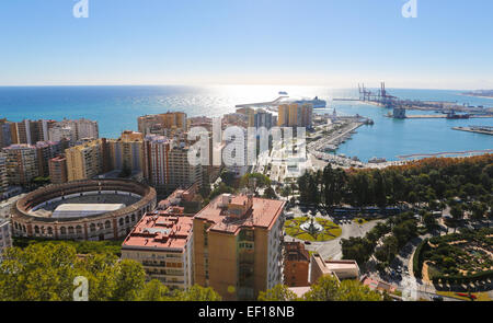 Panorama on the port of Malaga, Andalusia, Spain, with the famous bullring La Malagueta on the left. Stock Photo