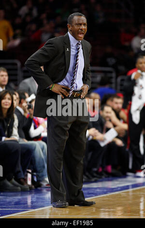 January 23, 2015: Toronto Raptors head coach Dwane Casey reacts during the NBA game between the Toronto Raptors and the Philadelphia 76ers at the Wells Fargo Center in Philadelphia, Pennsylvania. The Toronto Raptors won 91-86. Stock Photo