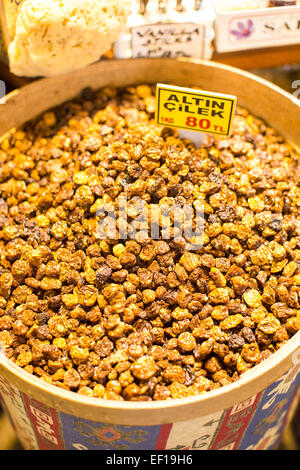 Mix of different raisins in big basket on the market Stock Photo