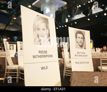 Los Angeles, California, USA. 24th Jan, 2015. SAG seating charts are out for Reese Witherspoon, of Wild, Matthew McConaughey, of True Detective for the The 21st Annual 2015 Screen Actors Guild Awards preparations underway at the Shrine Auditorium. Workers set up tents, stages, bleachers and displays on Saturday. © David Bro/ZUMA Wire/Alamy Live News Stock Photo