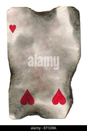 old burnt grunge playing card paper with red hearts isolated on white Stock Photo