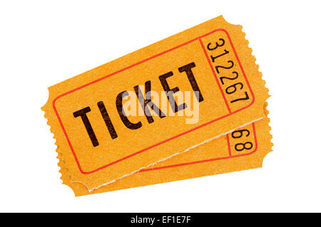 Two orange tickets isolated on a white background. Stock Photo