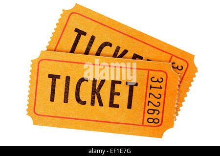 Pair of orange tickets isolated on a white background. Stock Photo