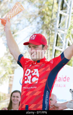 Wouter Wippert (NED) from Drapac Pro Cycling (AUS) accepts his trophy for winning stage 6 of the 2015 Tour Down Under. Stock Photo