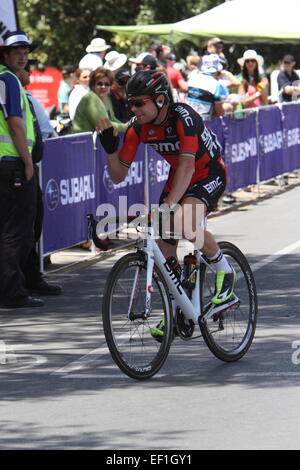 Adelaide, Australia. 25th January, 2015. Cadel Evans of BMC Racing Team acknowledging the crowd in his last professional race before Stage 6 City Circuit of the Santos Tour Down Under on 25 January, 2015 in Adelaide, Australia. Credit:  Peter Mundy/Alamy Live News Stock Photo