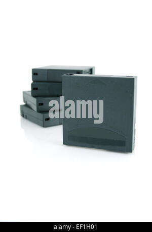 Picture of a stack with tapes / magnetic cartridges for backup and safety storage of data. Stock Photo