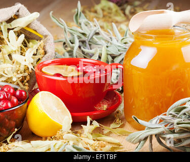 cranberries, jar with honey, fruit tea cup, healing herbs and lemon Stock Photo