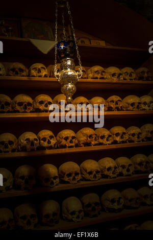 Skulls of the founders of the Monastery of Great Meteoron, in the Greek Orthodox complex of monasteries, called Meteora. Stock Photo