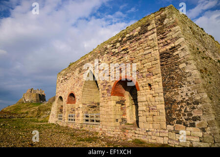 Lime Kilns and Castle, Lindisfarne, Holy Island, Northumberland, England Stock Photo