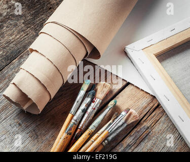 Artist Canvas In Roll Wooden Stretcher Bar Canvas Stretcher Pliers Staple  Gun And Ruler For Measuring On Wooden Background Top View Stock Photo -  Download Image Now - iStock