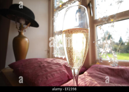 A glass of champagne beside a window in a sunbeam, with Christmas lights in the background. The sunlight glints off the bubbles in the champagne Stock Photo