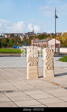 Welsh language public street art, part of the redevelopment of Barry Docks, Vale of Glamorgan, Wales Stock Photo