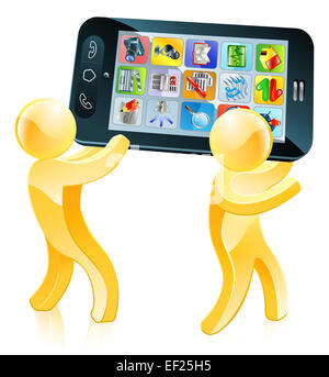 Mobile phone people illustration of two people carrying a giant mobile cell phone on their shoulders Stock Photo