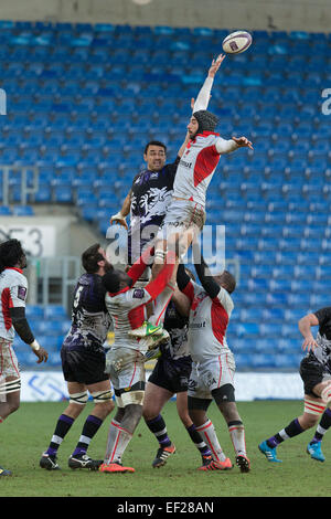 Oxford, UK. 25th January, 2015. European Rugby Champions Cup. London Welsh versus Lyon Olympique. Steevy Cerqueira leaps to reach a high ball in the line out. Credit:  Action Plus Sports Images/Alamy Live News Stock Photo