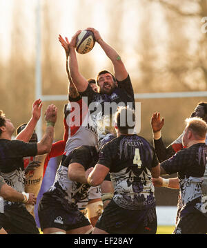 Oxford, UK. 25th January, 2015. European Rugby Champions Cup. London Welsh versus Lyon Olympique. Matt Corker (capt) takes the ball in the line out. Credit:  Action Plus Sports Images/Alamy Live News Stock Photo