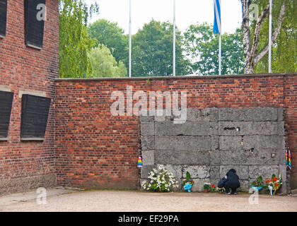 Barracks wall used for firing squad executions at Auschwitz concentration camp at Auschwitz-Birkenau Memorial State Museum. Stock Photo