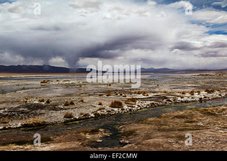 Termas de Polques, Laguna Salada hot springs with waterspouts forming, Bolivian Altiplano or Plateau, Bolivia, South America Stock Photo