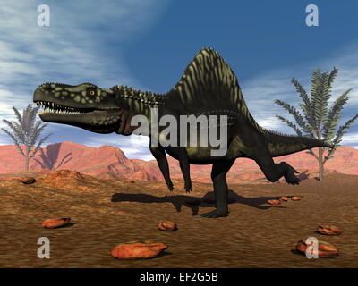 Arizonasaurus dinosaur in the desert next to pachypteris trees - 3D render Stock Photo