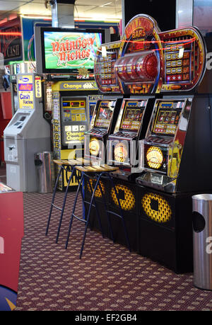 Fruit Machines in seaside Amusement Arcade at Herne Bay, Kent. Stock Photo