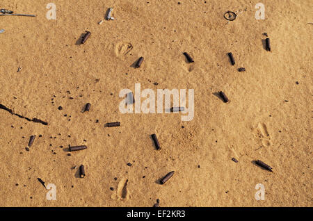 Rally-raid Baha 'Belarus' 2014. Rusty sleeves from machine gun cartridges on the old former military ground. Stock Photo