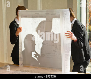 Architects looking at blueprint Stock Photo