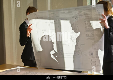 Architects looking at blueprint Stock Photo