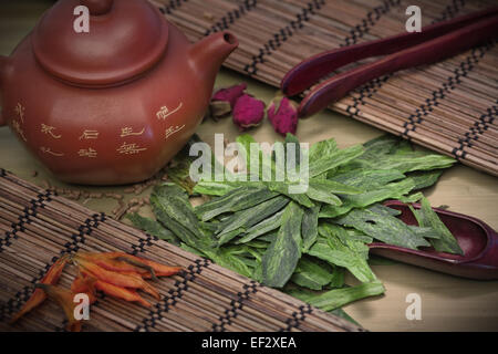 Tai Ping Hou Kui tea. Green tea leaves with clay teapot and wooden spoon on a tea table. Stock Photo