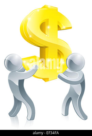 Monetary or business concept of two people cooperating using teamwork to move a giant dollar sign Stock Photo